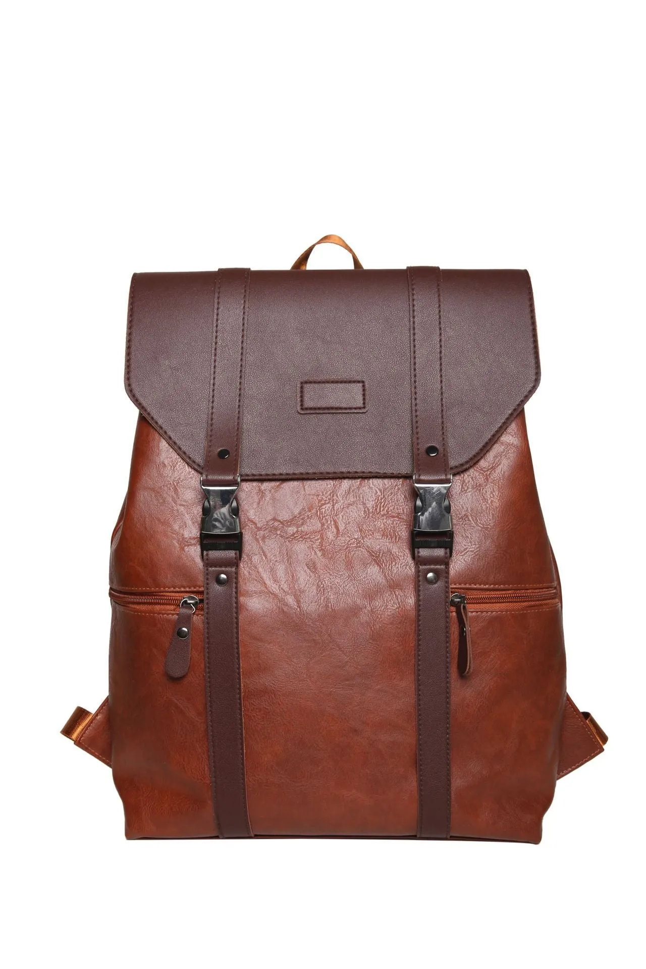 Large capacity PU leather schoolbag with flip closure, black colour, curved shoulder straps, side view