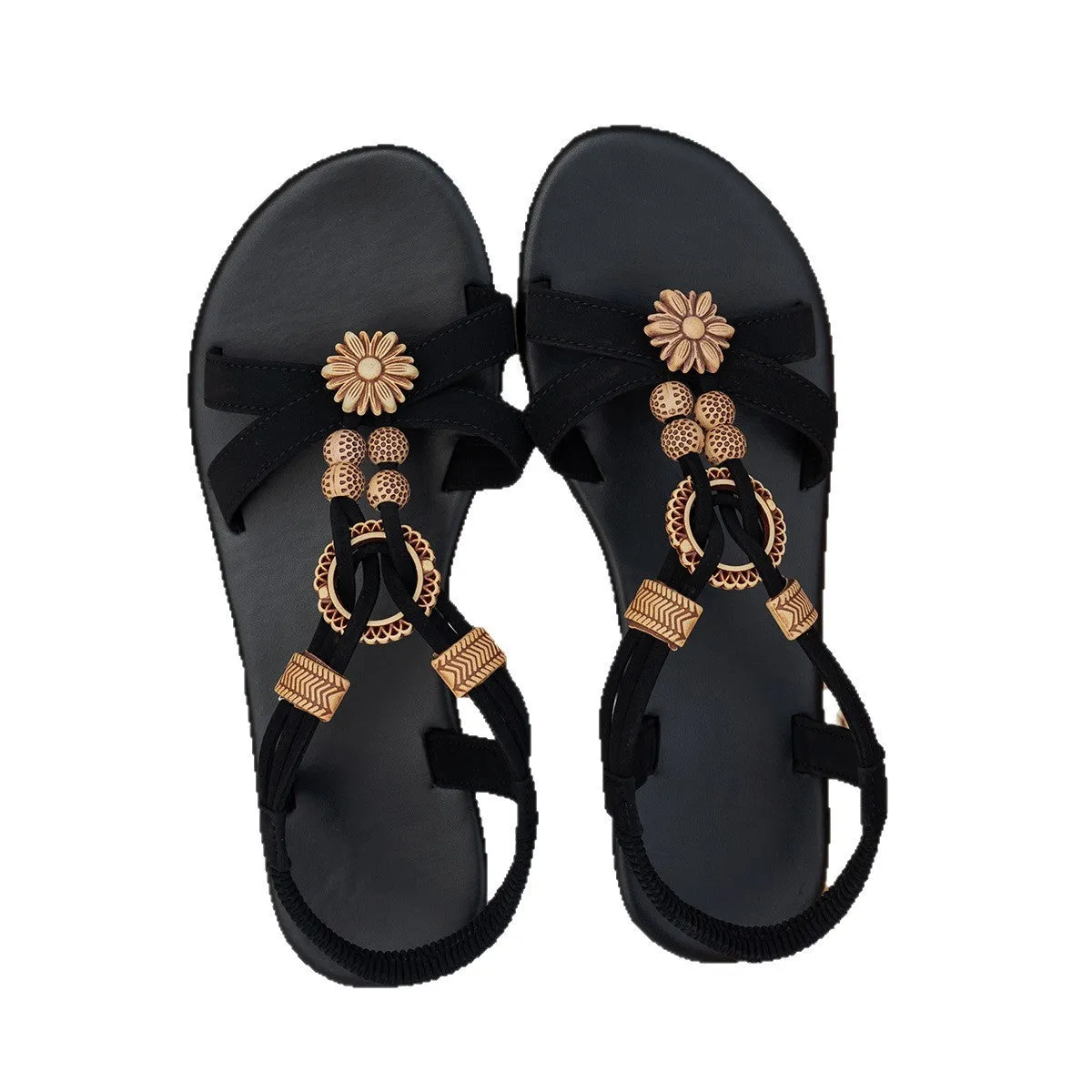 Black ethnic style women's flat sandals with beaded decoration and elastic band fastening