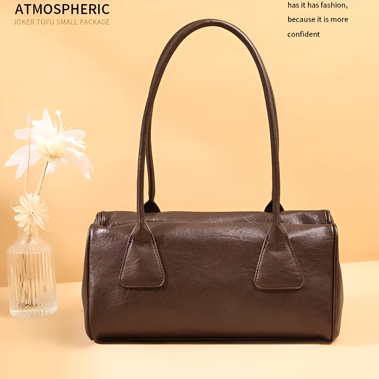 PU shoulder underarm bag, horizontal square shape, 32x16x15 cm, with zipper pocket and double shoulder straps