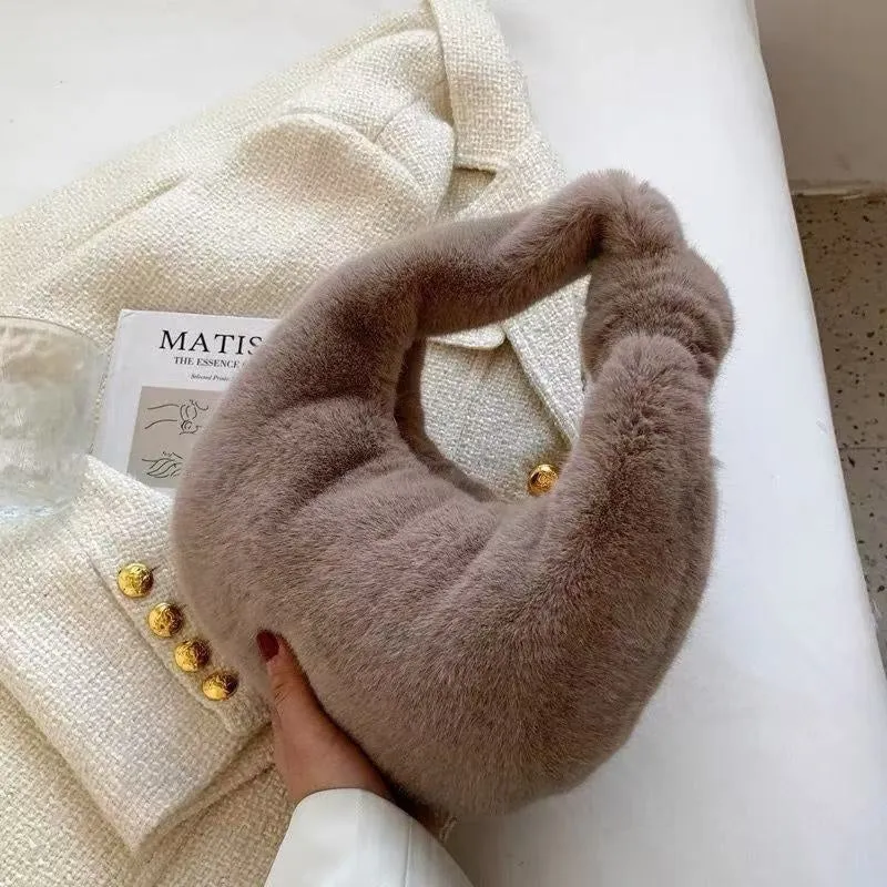 Plush dumpling bag in apricot colour, soft textured handheld handbag with polyester lining