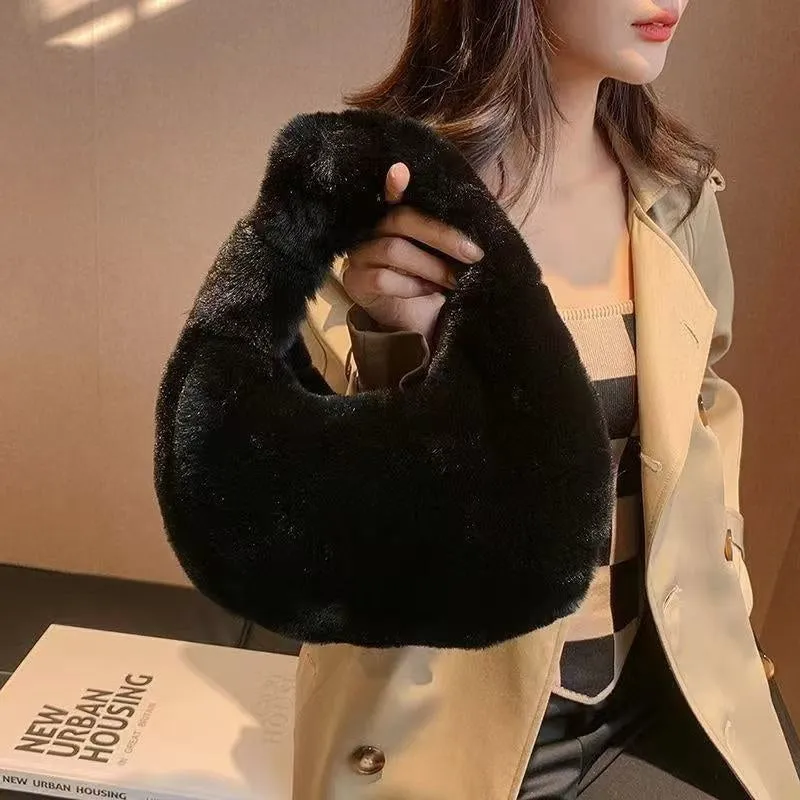 Plush dumpling bag in apricot colour, soft textured handheld handbag with polyester lining