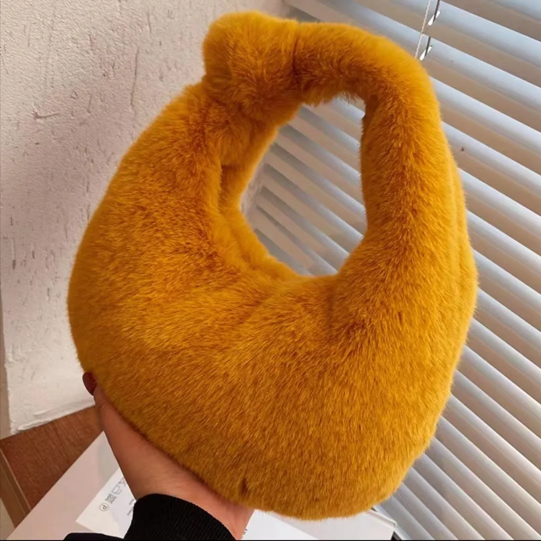 Plush dumpling bag in apricot colour, soft textured handheld handbag with polyester lining