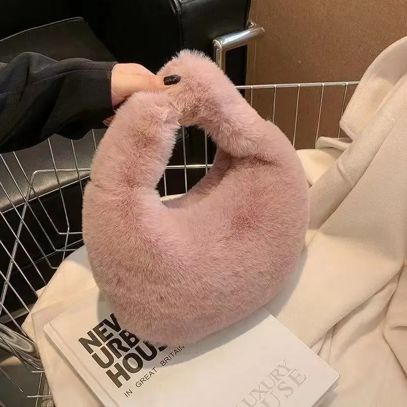 Plush dumpling bag in apricot colour, soft textured handheld handbag with polyester lining