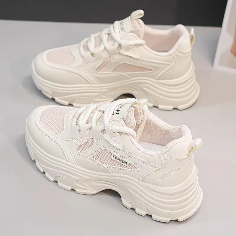 Mesh breathable casual sports shoes with thick bottom and rubber sole in khaki colour
