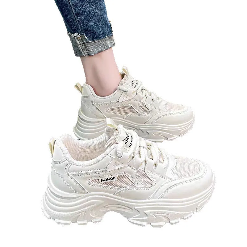 Mesh breathable casual sports shoes with thick bottom and rubber sole in khaki colour
