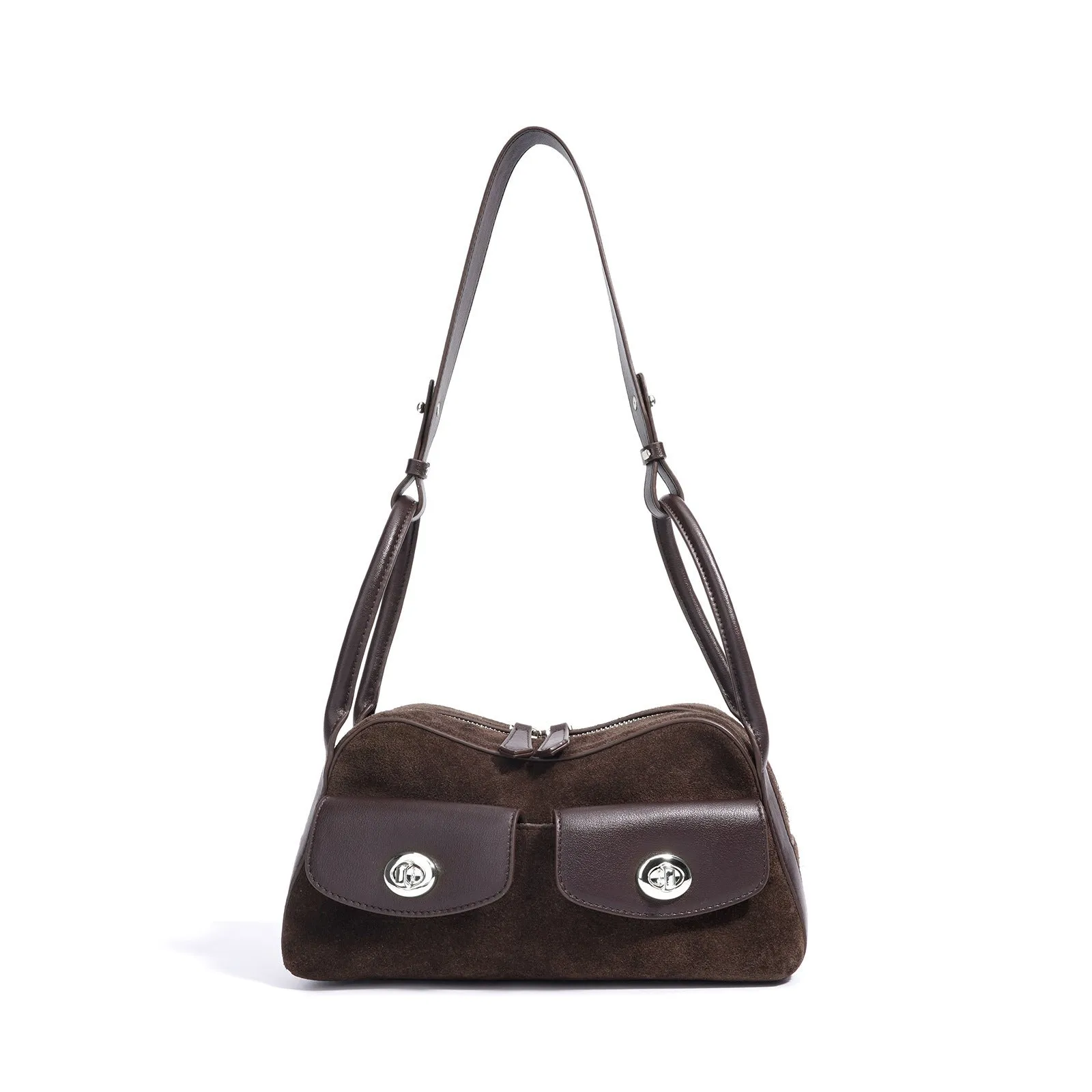 Medium genuine two-layer cowhide leather crossbody shoulder bag in solid colour with sewing line detail, 25x13x12cm