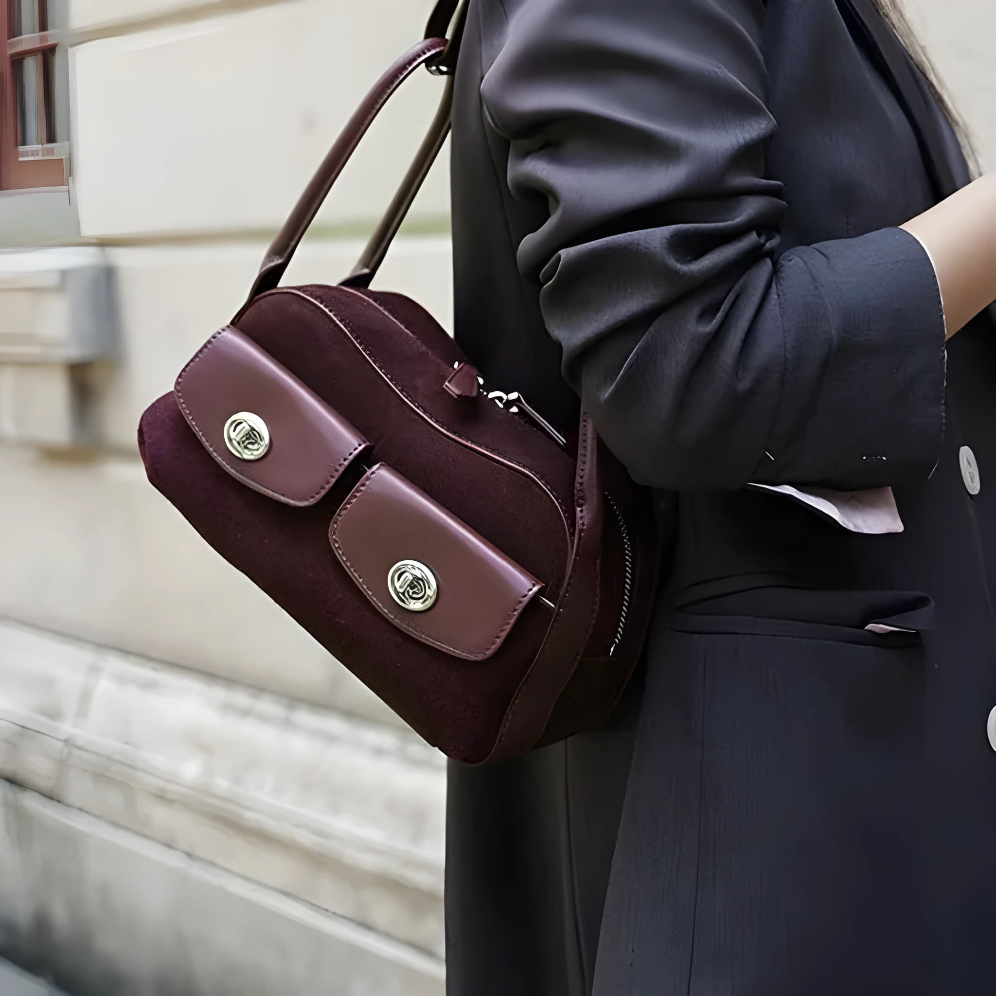 Medium genuine two-layer cowhide leather crossbody shoulder bag in solid colour with sewing line detail, 25x13x12cm