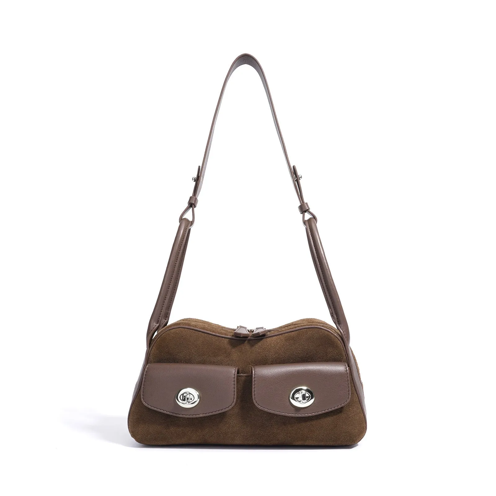 Medium genuine two-layer cowhide leather crossbody shoulder bag in solid colour with sewing line detail, 25x13x12cm