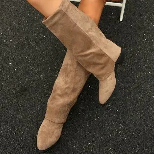 Chunky heel cowboy boot plus size unisex in artificial PU, mid calf length, brown colour