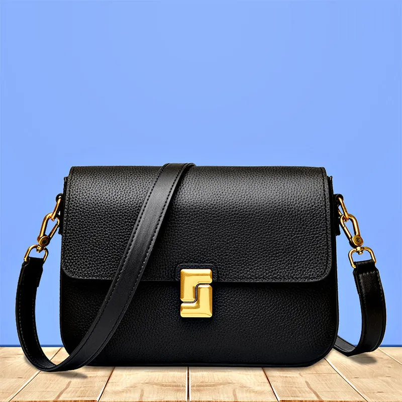 Women's genuine leather messenger retro shoulder bag in black, horizontal square, 24x7x19cm, first layer cowhide