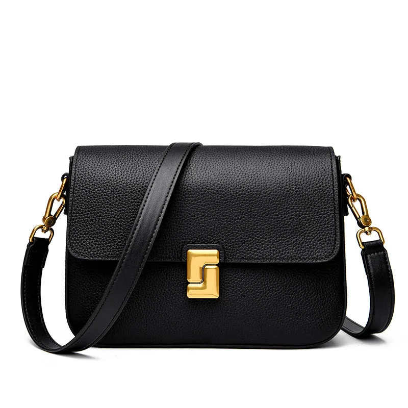 Women's genuine leather messenger retro shoulder bag in black, horizontal square, 24x7x19cm, first layer cowhide