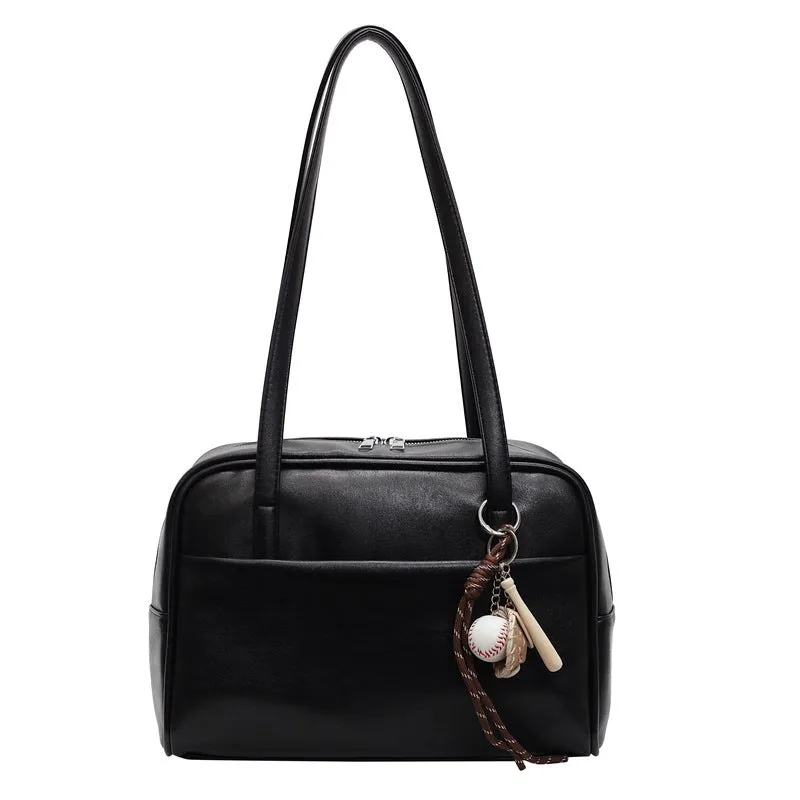 Women's urban simple PU bucket underarm bag with pendant detail in black, brown, coffee, and wine red colours.