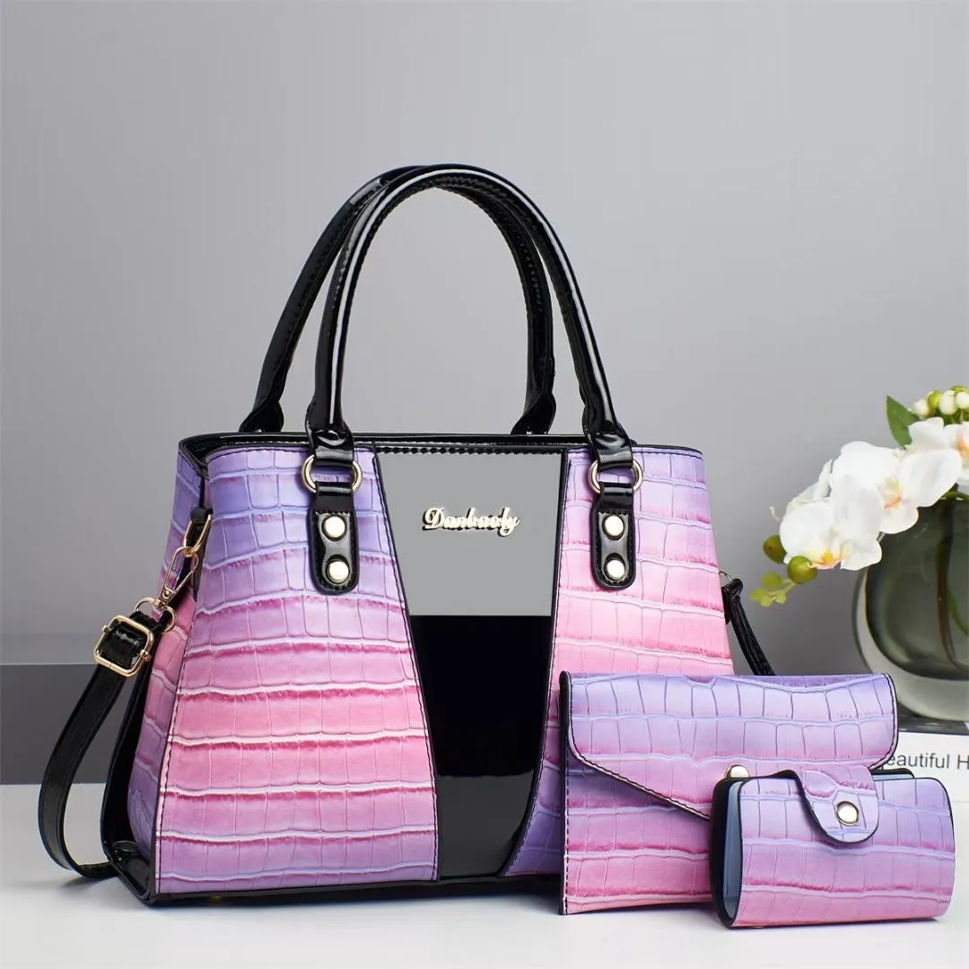 Women's crocodile stitch three-piece shoulder bag set in PU with main bag dimensions 31x13x22 cm