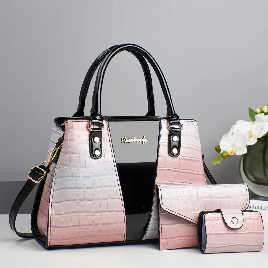 Women's crocodile stitch three-piece shoulder bag set in PU with main bag dimensions 31x13x22 cm