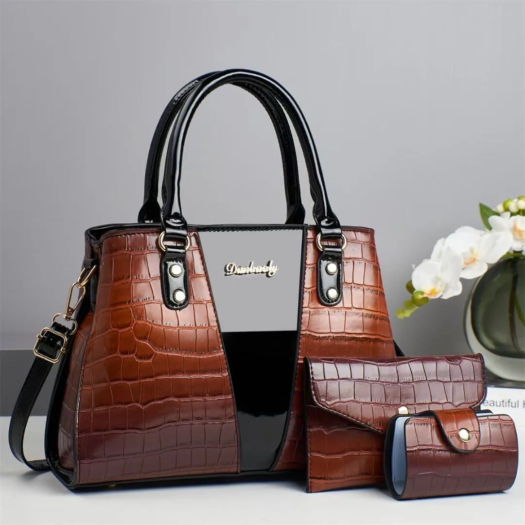 Women's crocodile stitch three-piece shoulder bag set in PU with main bag dimensions 31x13x22 cm
