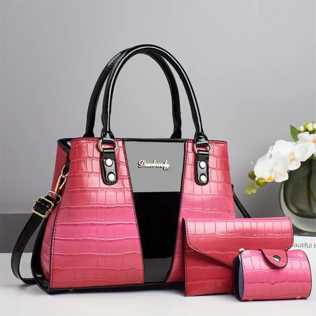 Women's crocodile stitch three-piece shoulder bag set in PU with main bag dimensions 31x13x22 cm