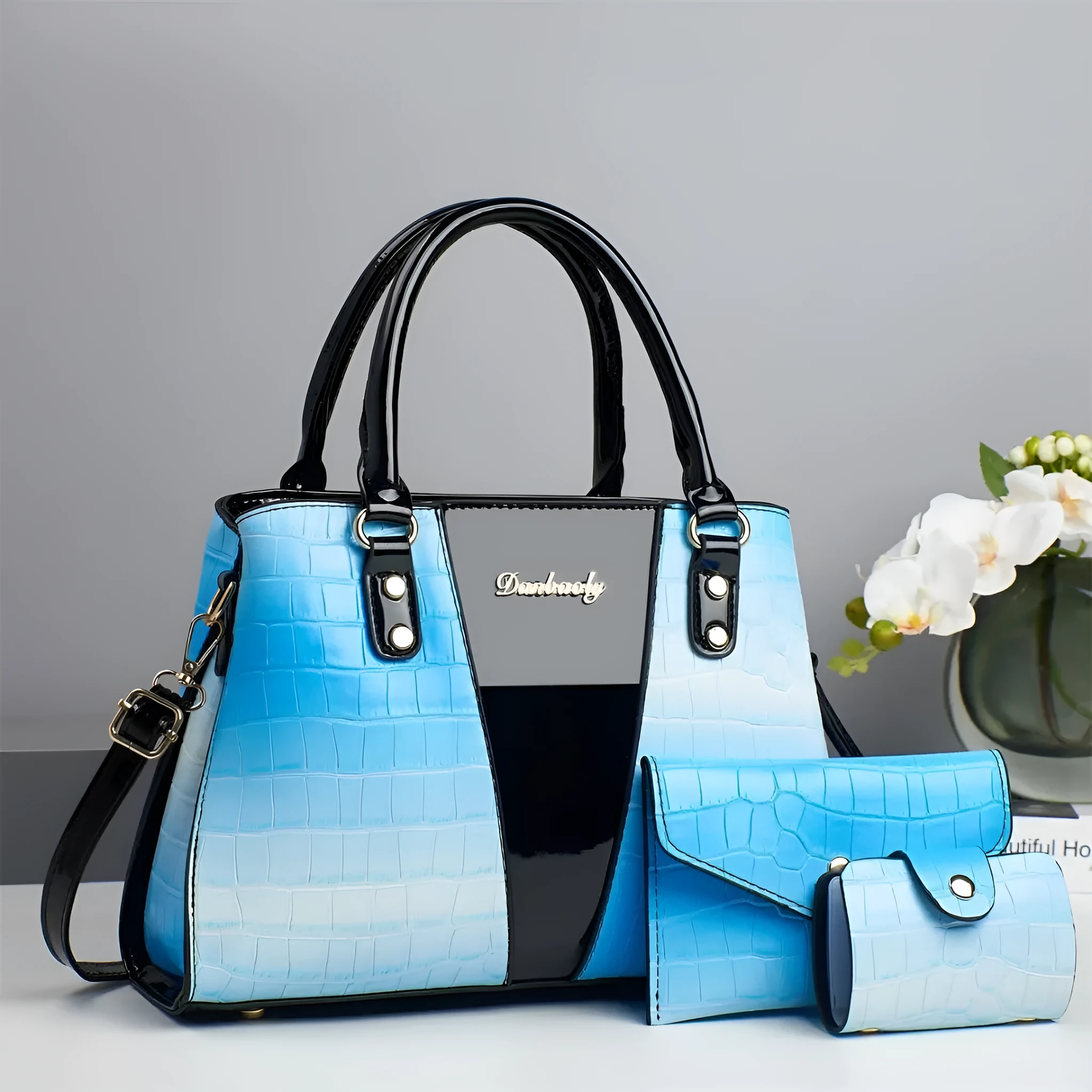 Women's crocodile stitch three-piece shoulder bag set in PU with main bag dimensions 31x13x22 cm