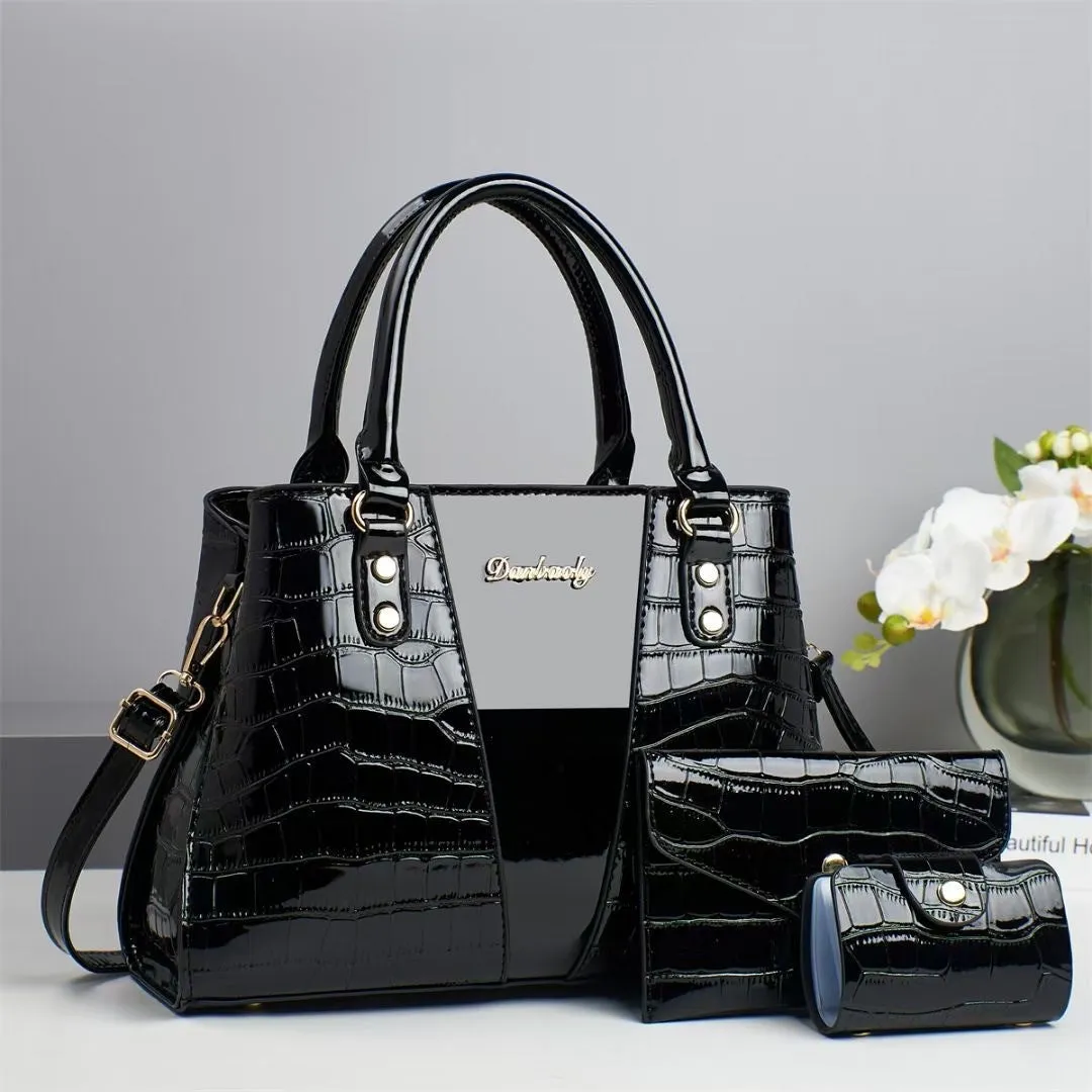 Women's crocodile stitch three-piece shoulder bag set in PU with main bag dimensions 31x13x22 cm