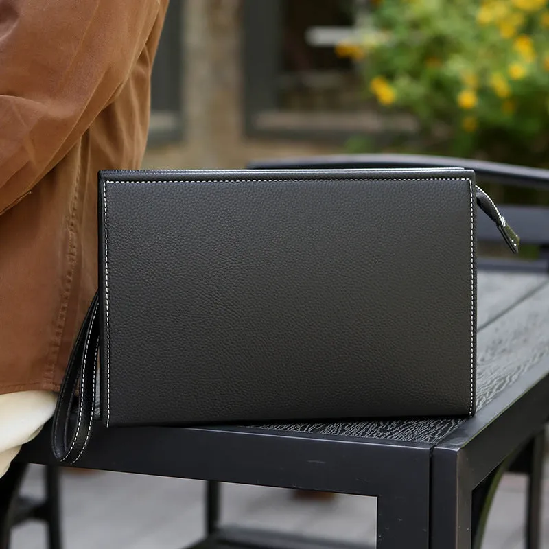 New Clutch Men's Briefcase Soft Leather PU Black with sewing thread detail