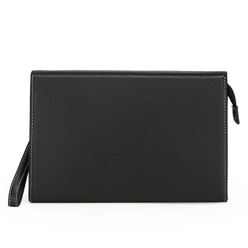 New Clutch Men's Briefcase Soft Leather PU Black with sewing thread detail
