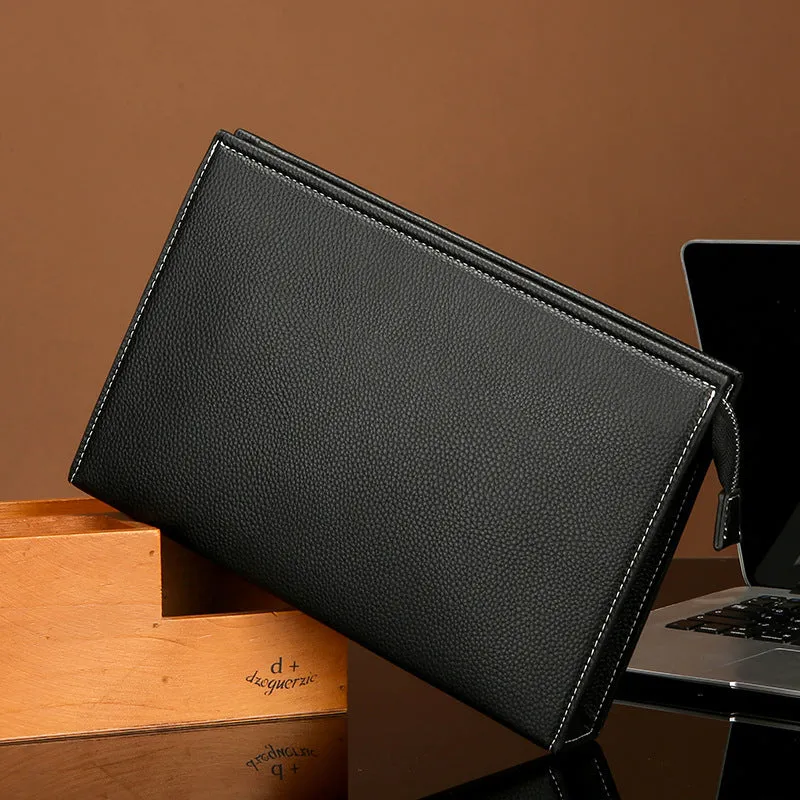 New Clutch Men's Briefcase Soft Leather PU Black with sewing thread detail