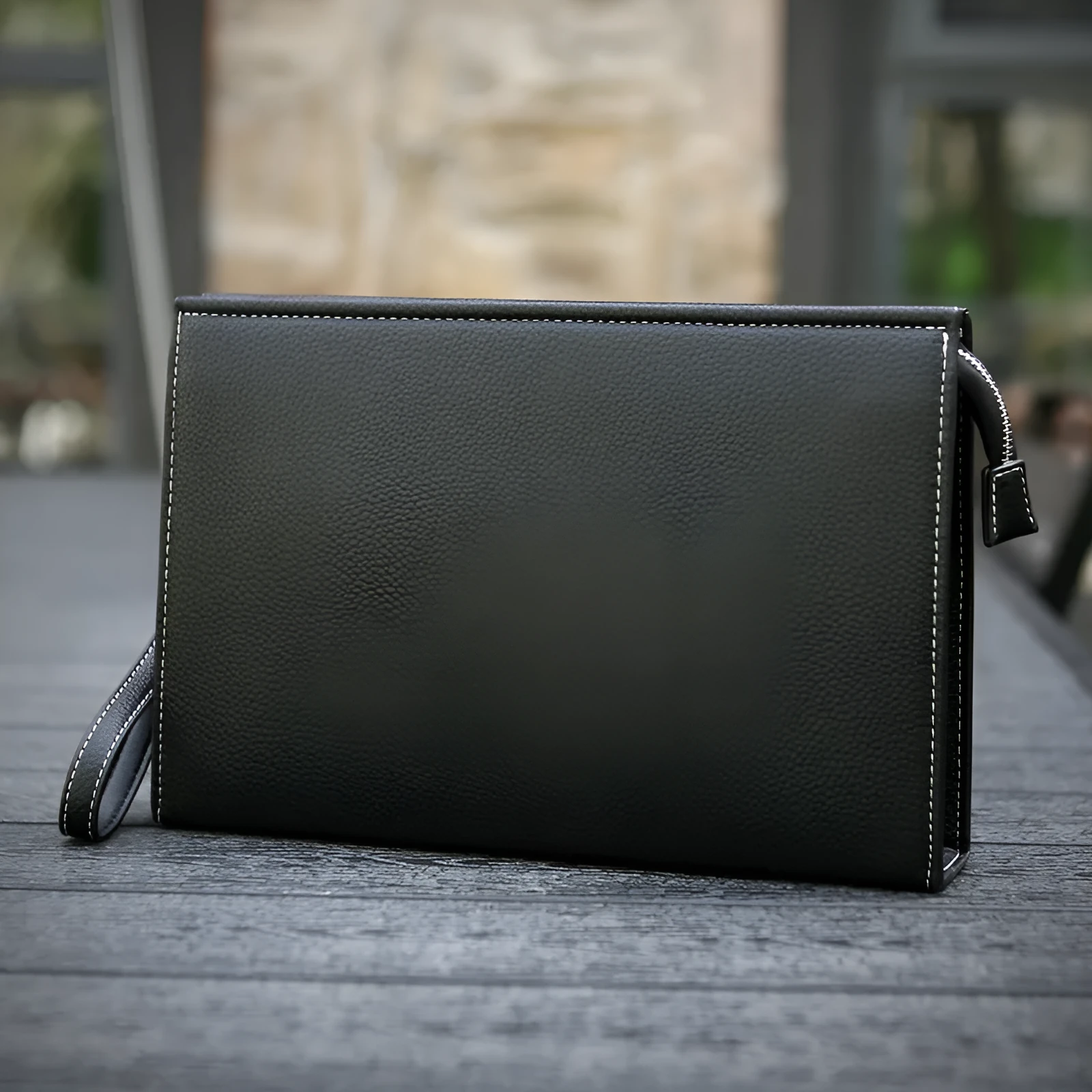 New Clutch Men's Briefcase Soft Leather PU Black with sewing thread detail