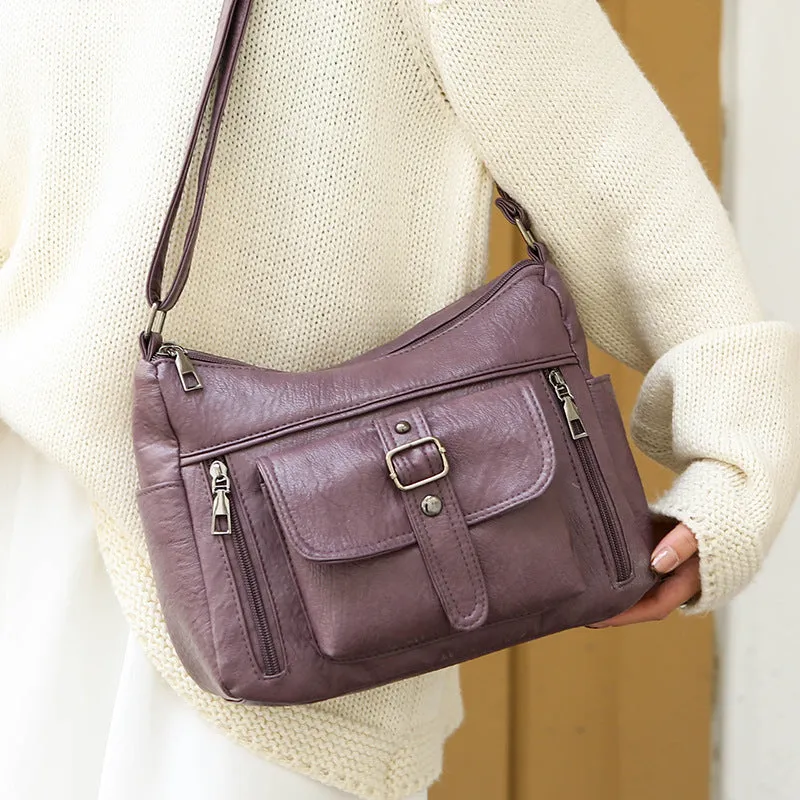 Retro large capacity soft PU leather shoulder messenger bag in brown, 27x20x10cm, with sandwich pocket