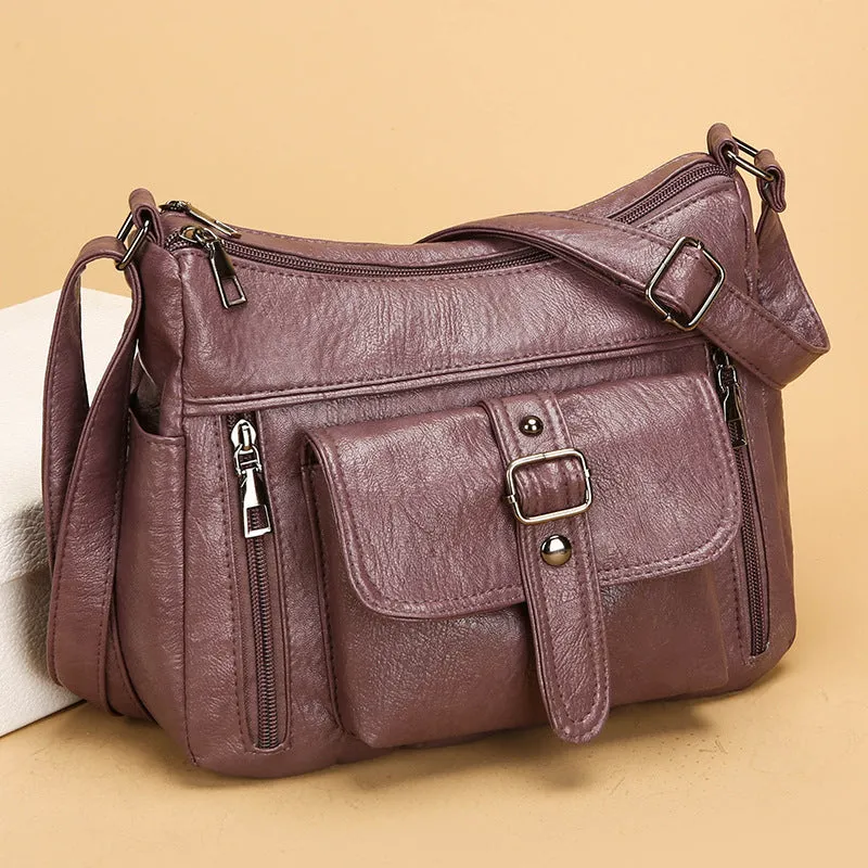 Retro large capacity soft PU leather shoulder messenger bag in brown, 27x20x10cm, with sandwich pocket