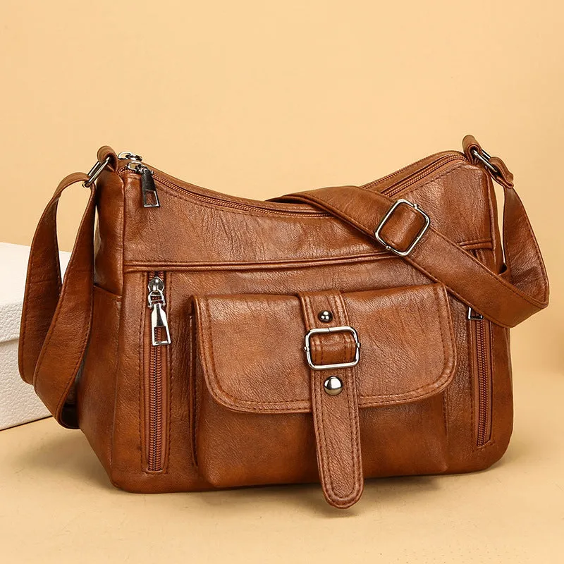 Retro large capacity soft PU leather shoulder messenger bag in brown, 27x20x10cm, with sandwich pocket