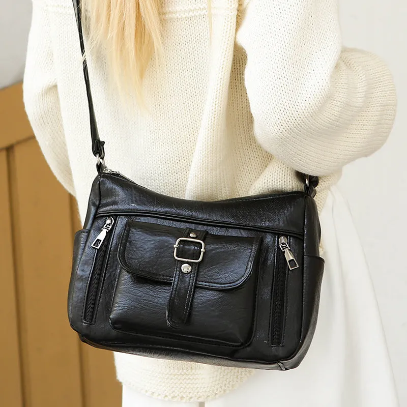 Retro large capacity soft PU leather shoulder messenger bag in brown, 27x20x10cm, with sandwich pocket