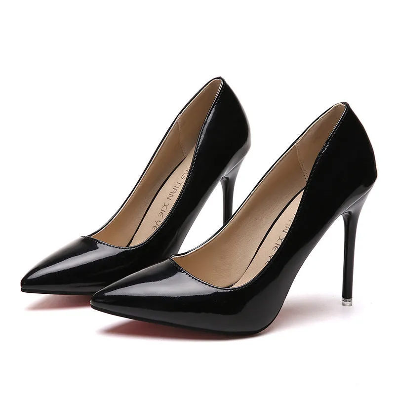 Women's pointed toe stiletto high heel pumps in apricot colour with a chunky heel and buckle detail.