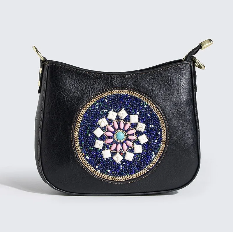 Straw bead turquoise ethnic style bucket shoulder crossbody bag with PU lining and mobile phone pocket
