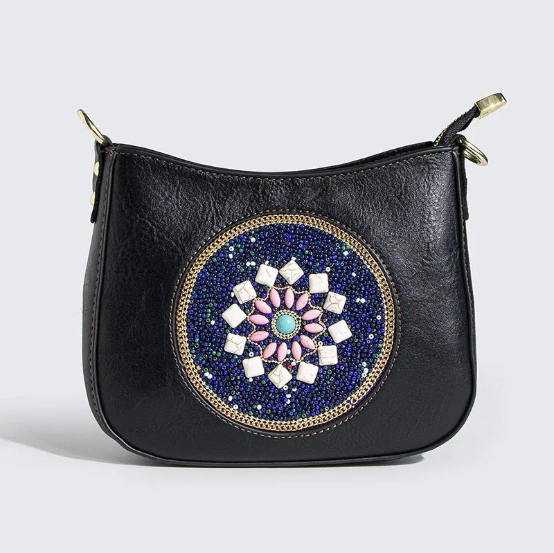 Straw bead turquoise ethnic style bucket shoulder crossbody bag with PU lining and mobile phone pocket