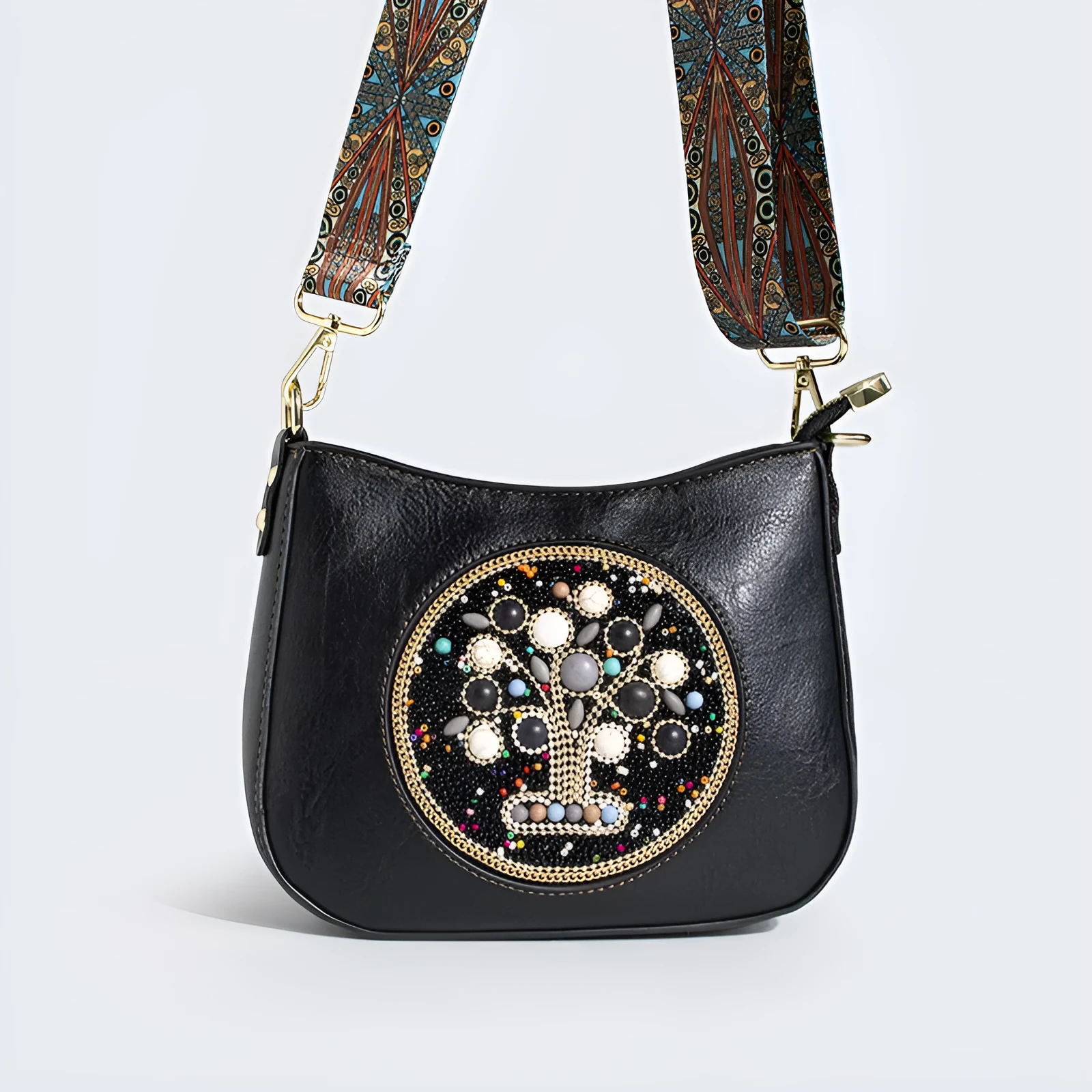 Straw bead turquoise ethnic style bucket shoulder crossbody bag with PU lining and mobile phone pocket