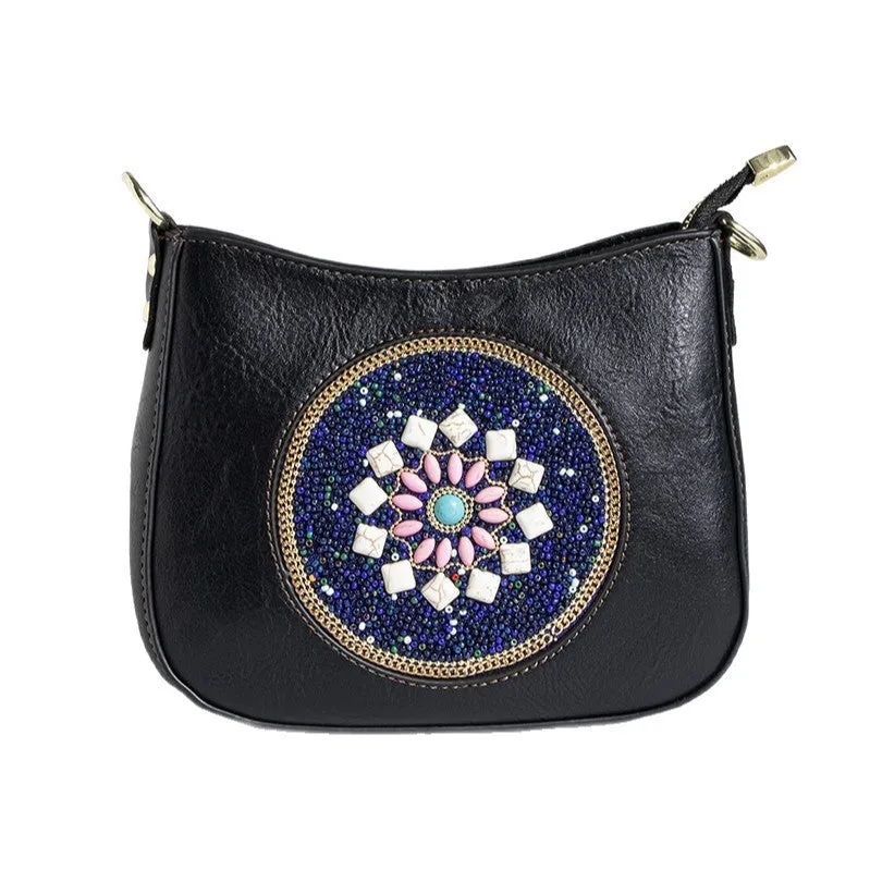 Straw bead turquoise ethnic style bucket shoulder crossbody bag with PU lining and mobile phone pocket