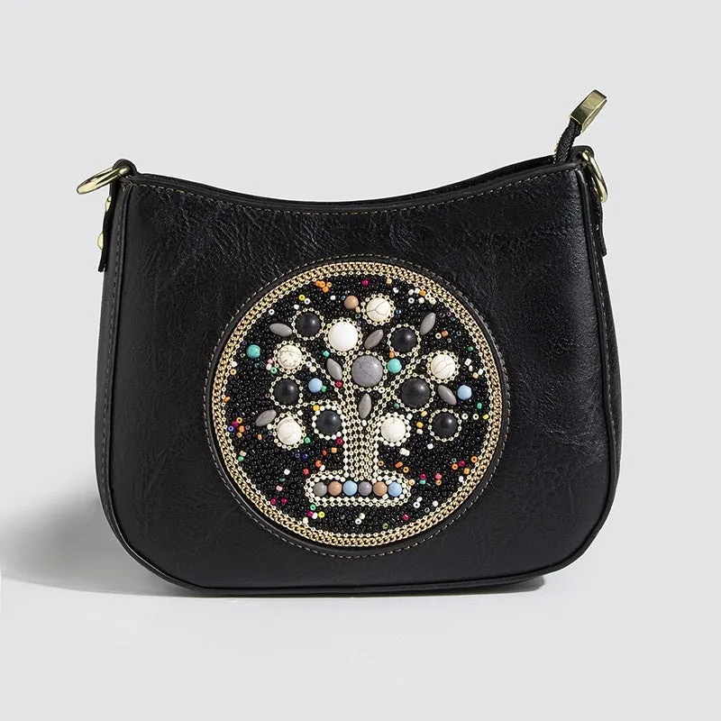 Straw bead turquoise ethnic style bucket shoulder crossbody bag with PU lining and mobile phone pocket