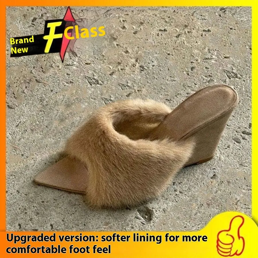 French casual wedge slippers in apricot with artificial plush upper and rubber sole