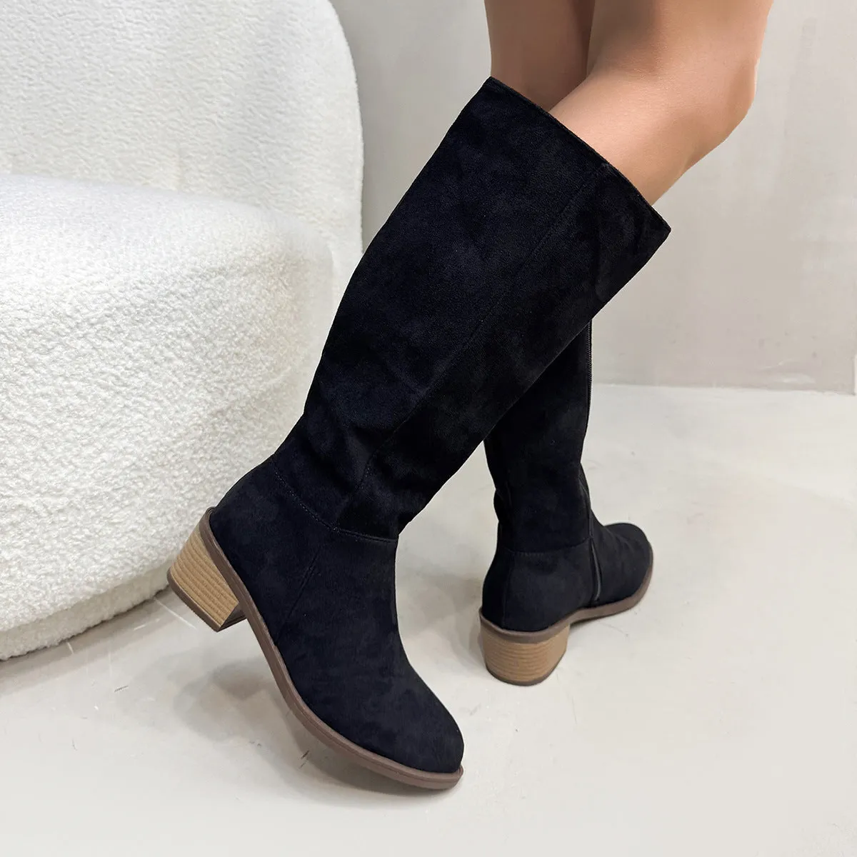 Chunky heel suede over the knee side zipper boots in solid colour for women