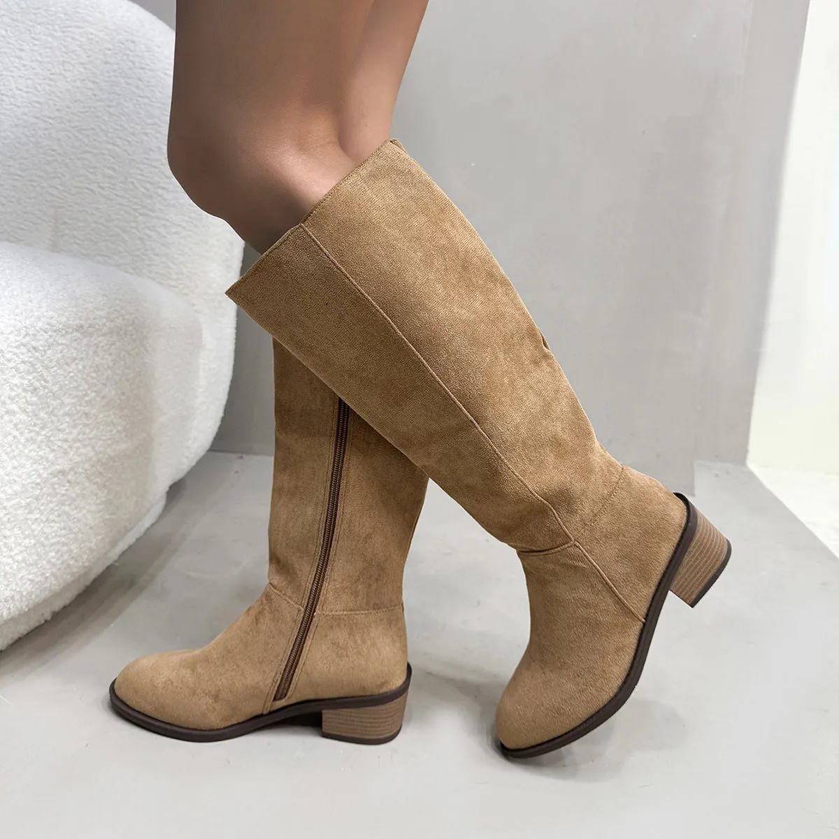Chunky heel suede over the knee side zipper boots in solid colour for women
