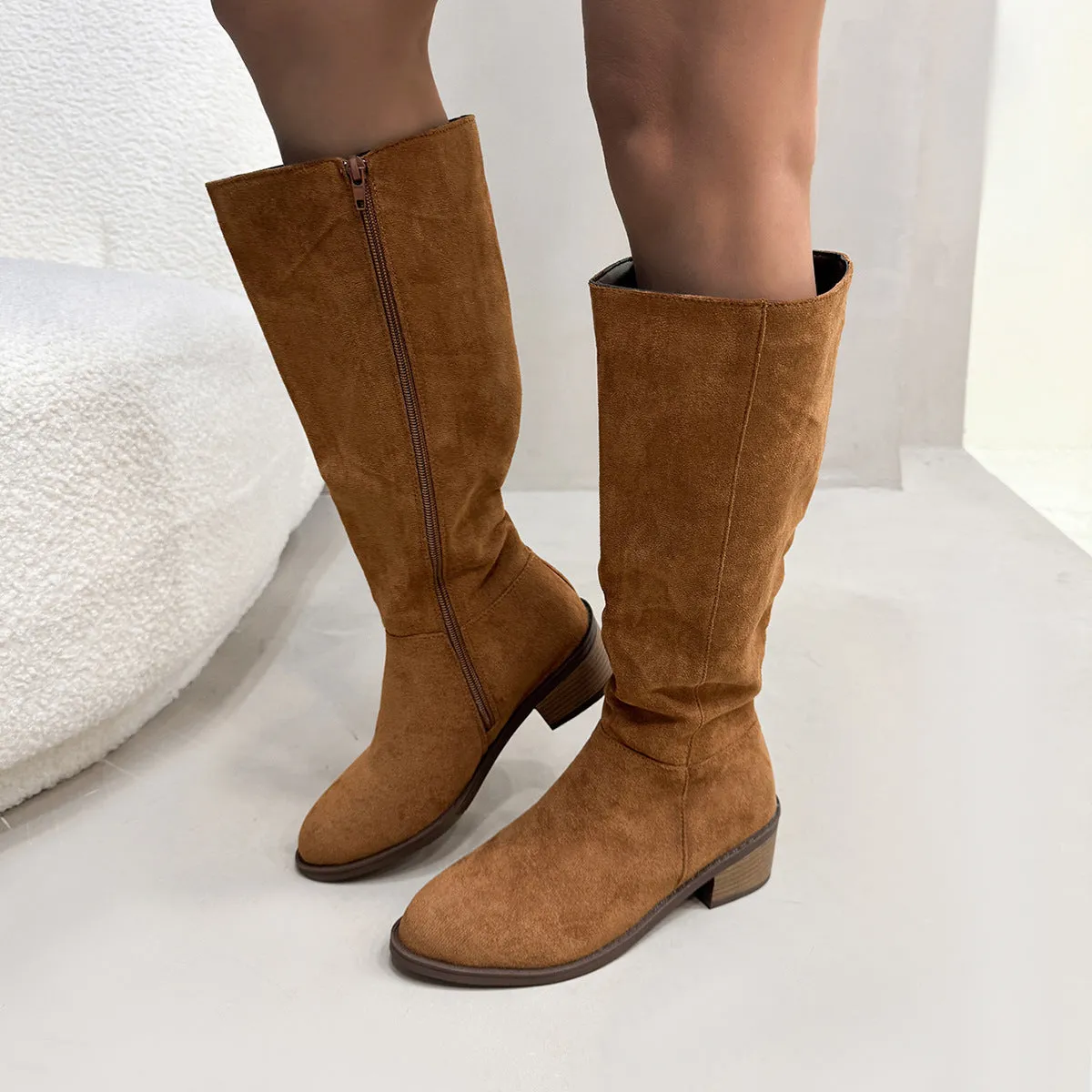 Chunky heel suede over the knee side zipper boots in solid colour for women
