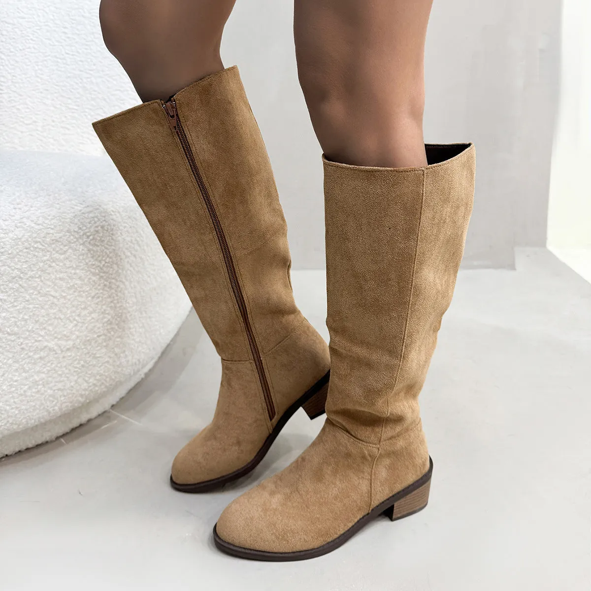 Chunky heel suede over the knee side zipper boots in solid colour for women