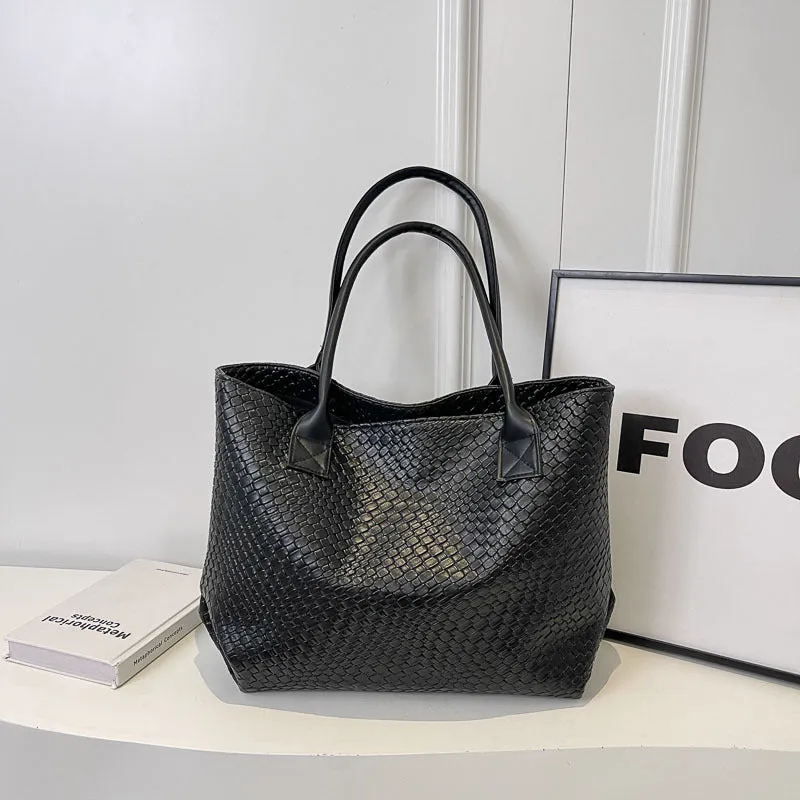 Woven PU shoulder bag for women with double straps, available in beige, black, gray, and khaki