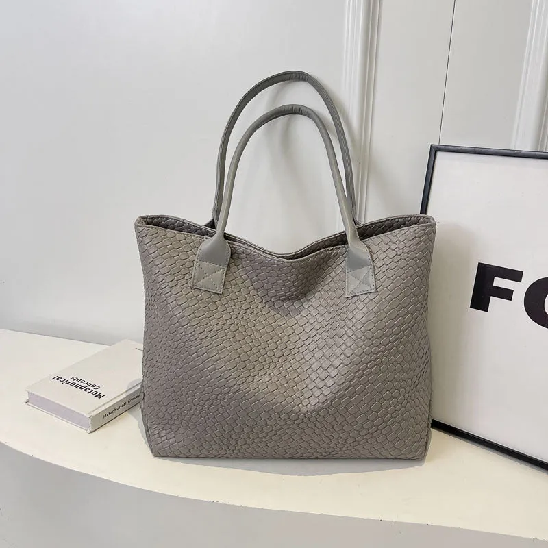 Woven PU shoulder bag for women with double straps, available in beige, black, gray, and khaki