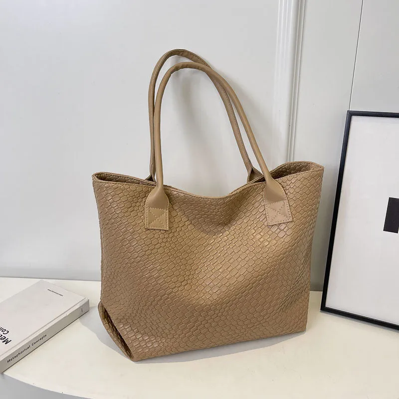 Woven PU shoulder bag for women with double straps, available in beige, black, gray, and khaki