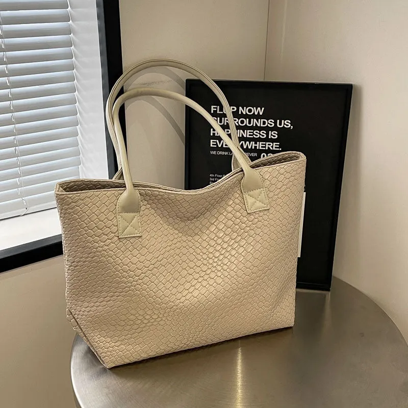 Woven PU shoulder bag for women with double straps, available in beige, black, gray, and khaki