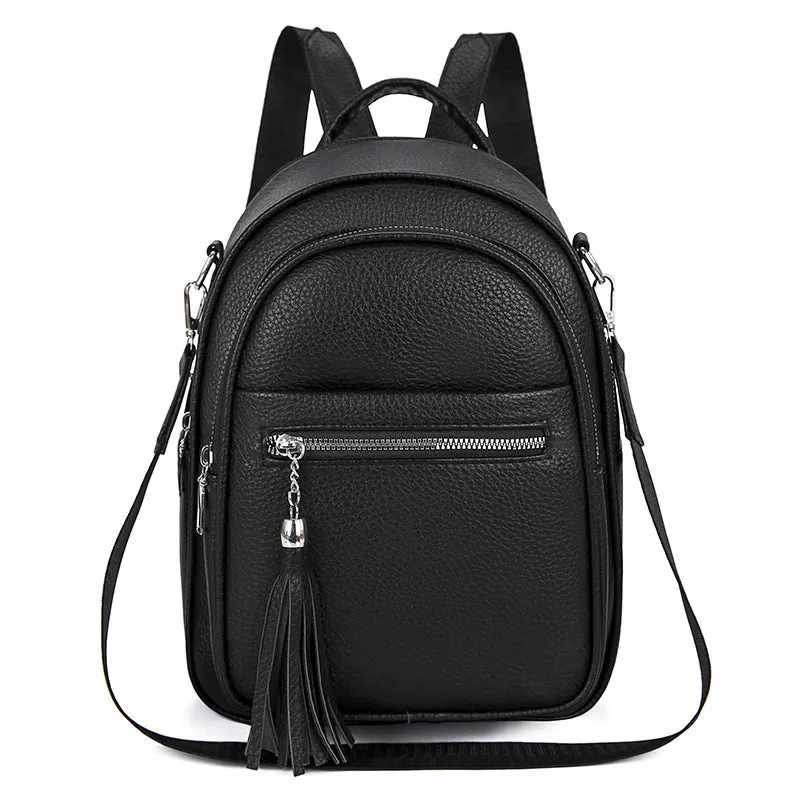 Simple large capacity casual backpack for women in khaki, PU material, with outer pocket and sewing thread detail
