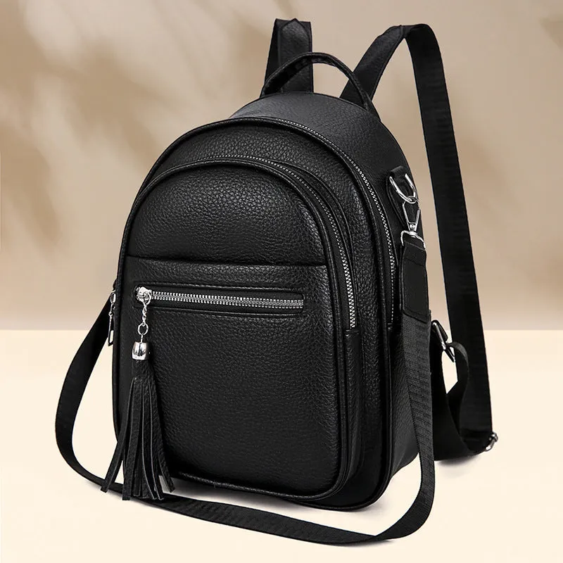 Simple large capacity casual backpack for women in khaki, PU material, with outer pocket and sewing thread detail
