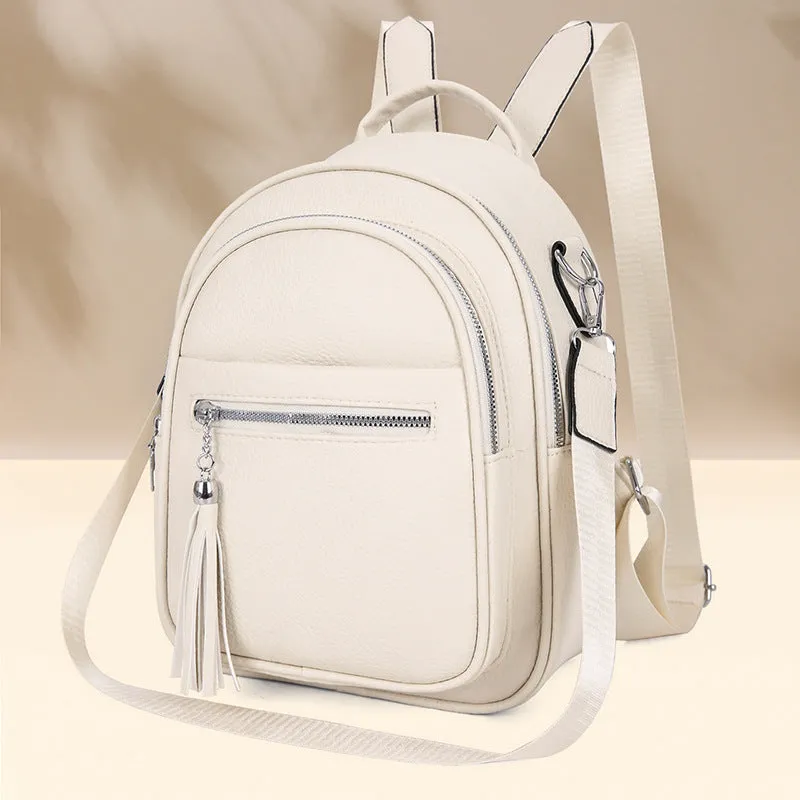 Simple large capacity casual backpack for women in khaki, PU material, with outer pocket and sewing thread detail