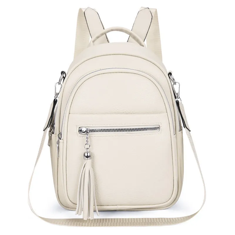 Simple large capacity casual backpack for women in khaki, PU material, with outer pocket and sewing thread detail