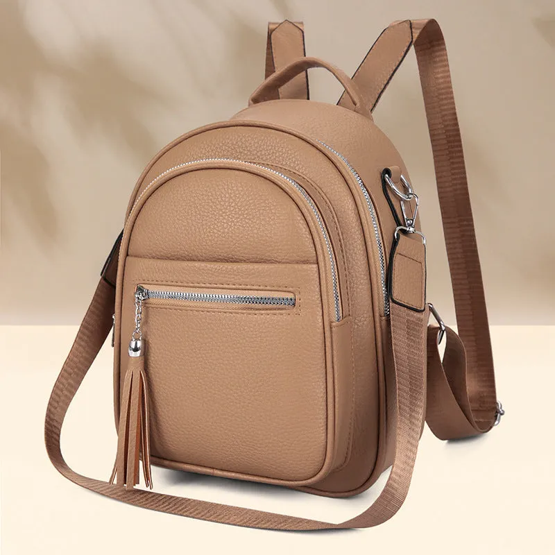 Simple large capacity casual backpack for women in khaki, PU material, with outer pocket and sewing thread detail